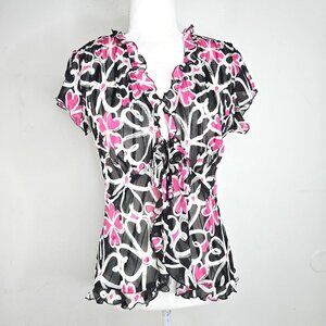 Y2K Notations Petite Pink Floral Crinkle Ruffle Tie Front CArdigan Top